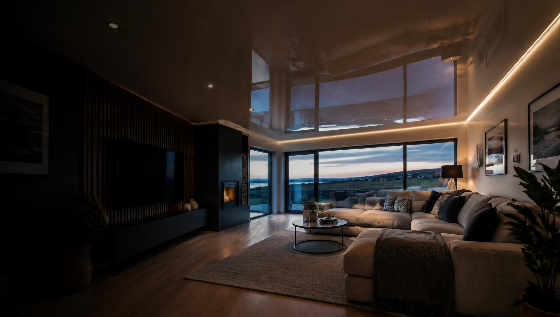 Finished gloss stretch ceiling in a living room with built-in lighting